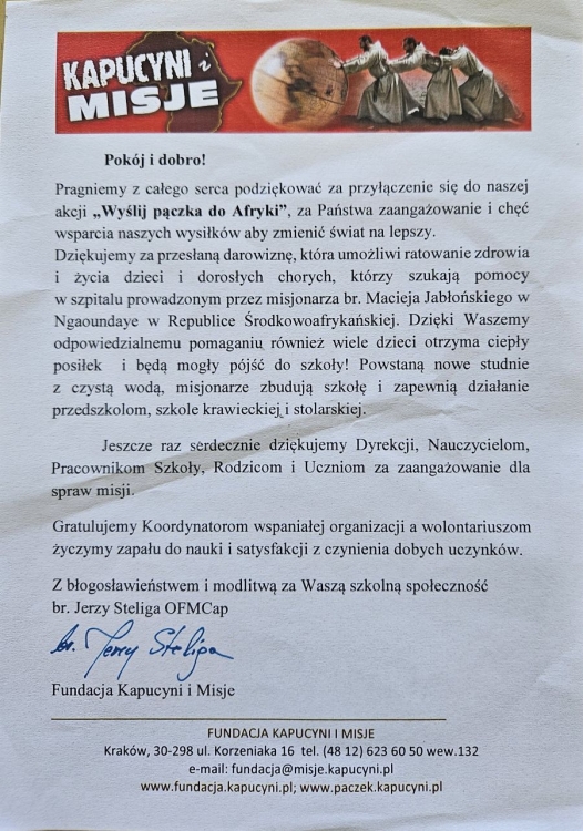 Podziękowania za akcję Wyślij Pączka do Afryki